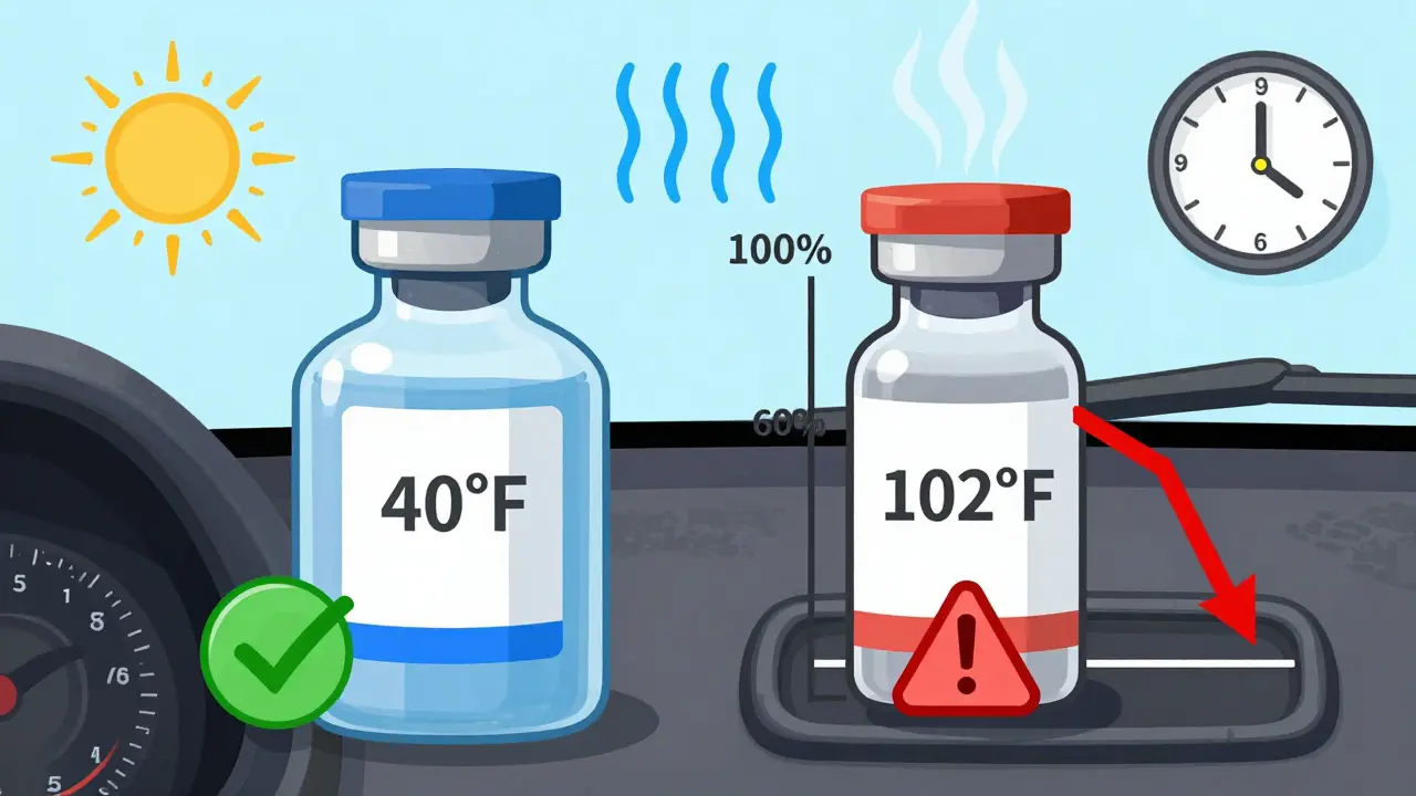 Side-by-side insulin vials: one safely cooled, the other overheated on a car dash with dropping potency graph.