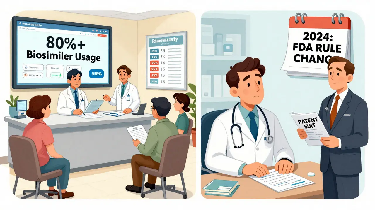 Split clinic scene showing high biosimilar adoption in Europe versus legal delays in the U.S. before 2024 FDA rule change.
