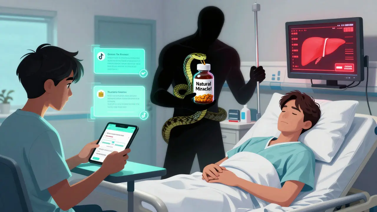 Split scene: young person on social media vs. same person in hospital with red liver enzyme readings and influencer shadow.