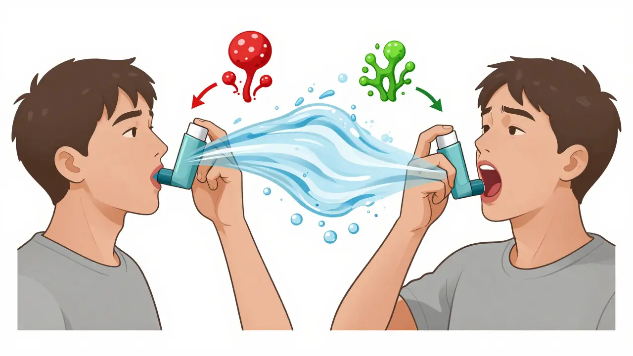 Step-by-step visual guide of rinsing mouth after using an asthma inhaler to prevent thrush