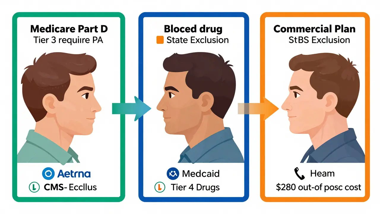 Three patients with different insurance plans showing drug coverage differences: Medicare, Medicaid, and commercial, with insurer logos and cost indicators.