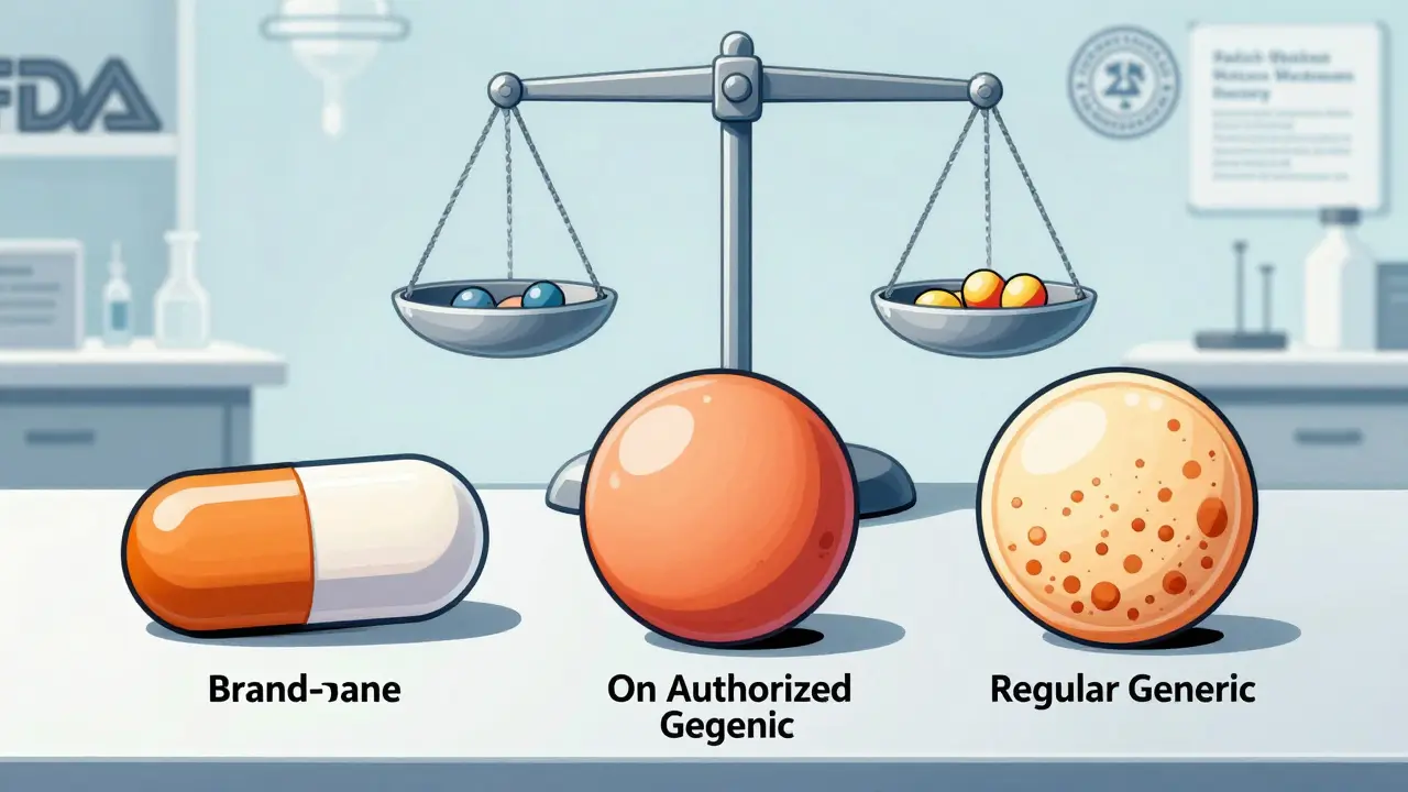 Three pills compared in cross-section: brand, authorized generic, and regular generic, showing identical vs. different fillers.