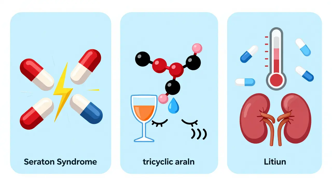 Three side-by-side medical illustrations showing dangerous drug interactions
