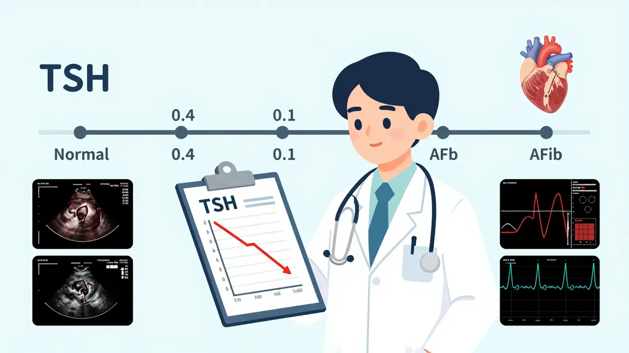 Timeline illustration of subclinical hyperthyroidism progression from normal TSH to heart and bone complications, with medical scan icons.