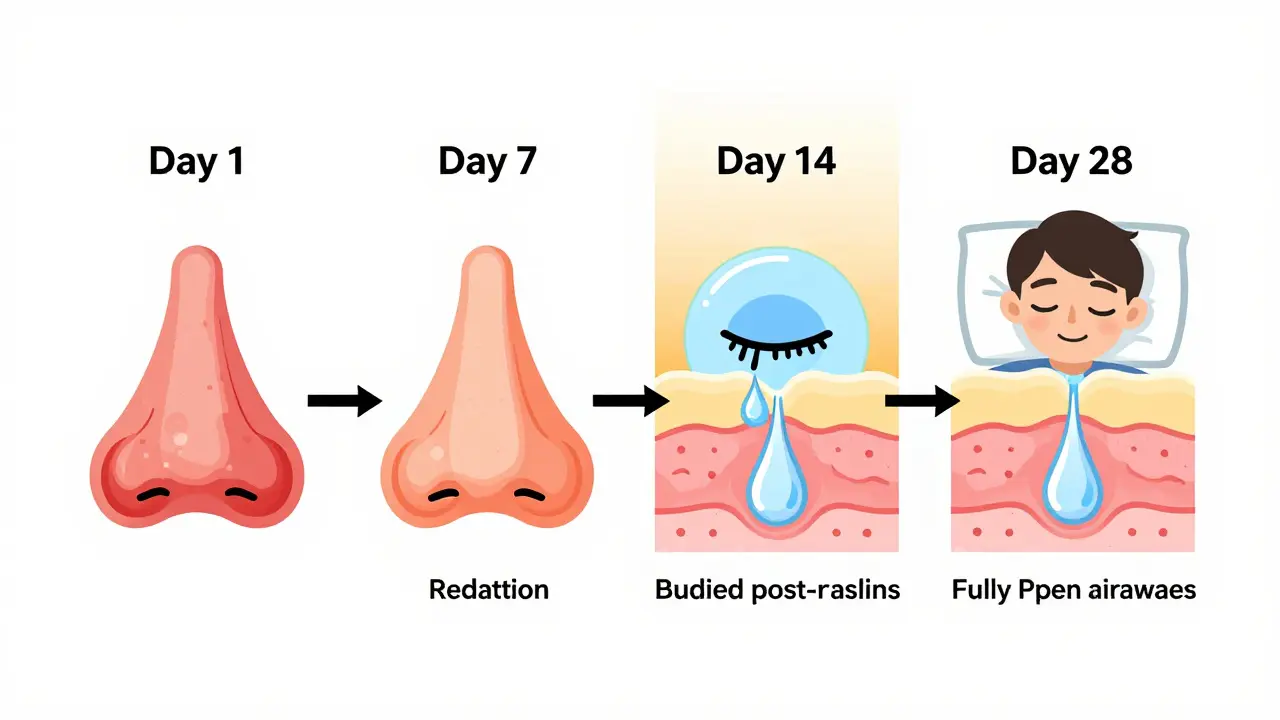 Timeline illustration showing nasal inflammation improving over 28 days with daily steroid spray use.