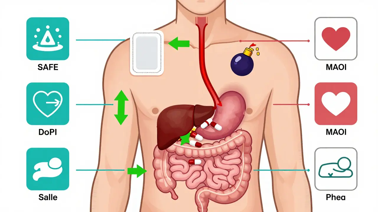 Transdermal MAOI patch delivering medication through skin, bypassing gut and avoiding tyramine risks.