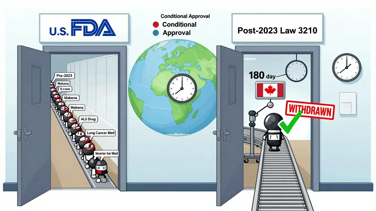 A comparison of old and new FDA drug withdrawal processes, with slow queues versus a fast conveyor belt and global regulators aligned.
