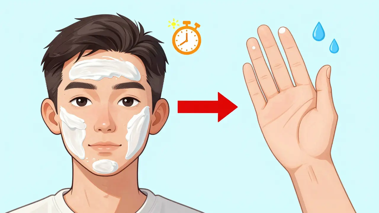 A quarter teaspoon of sunscreen properly applied versus a tiny dot, with SPF reduction shown visually.