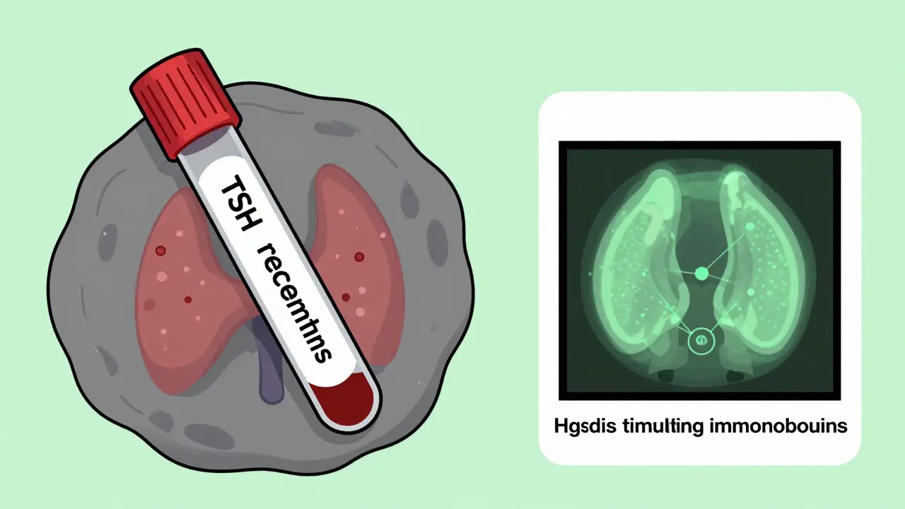 Blood test and thyroid scan for Graves' disease diagnosis.