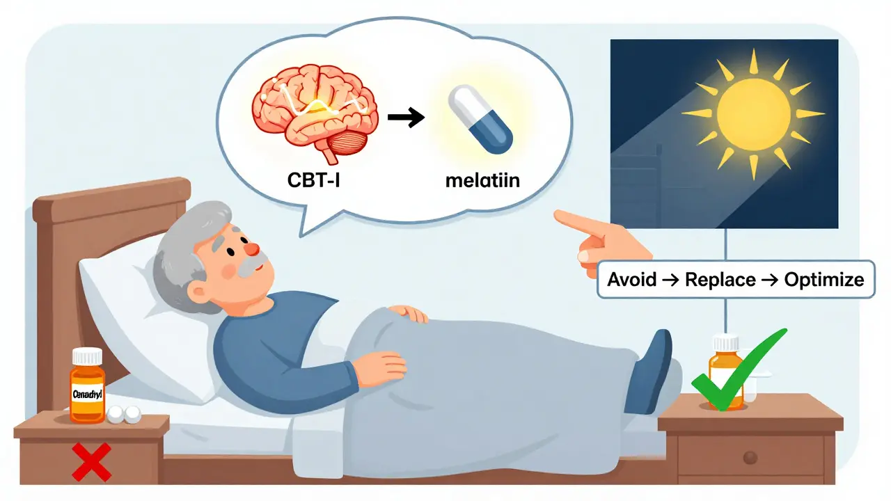 Elderly person choosing non-drug sleep solutions over antihistamines, with visual alternatives shown in thought bubble.