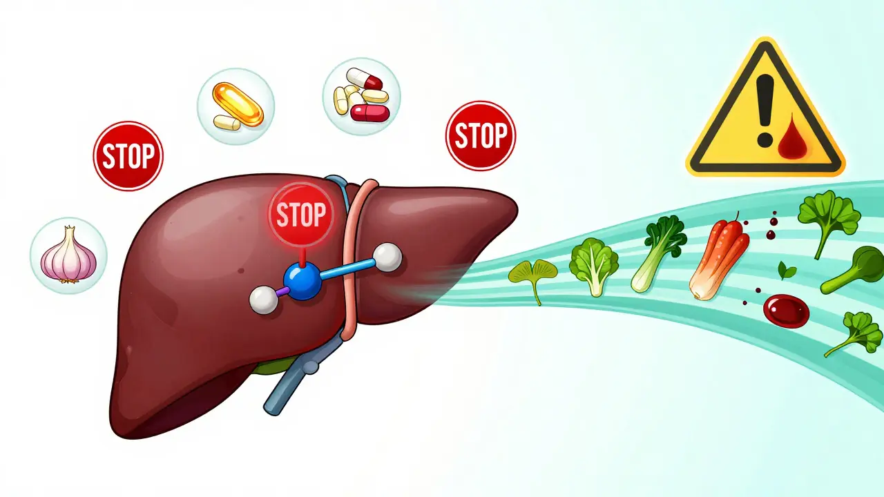 Liver diagram blocking vitamin K with dangerous supplements marked by red stop signs