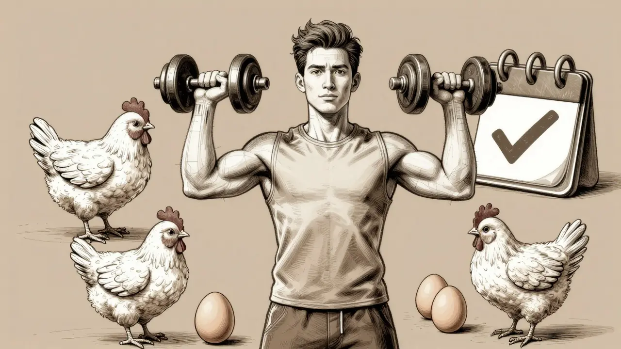 Person lifting weights with protein foods and calendar break icon.