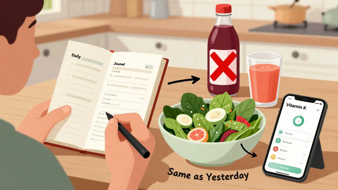 Person logging meals in a journal while avoiding cranberry and grapefruit juice