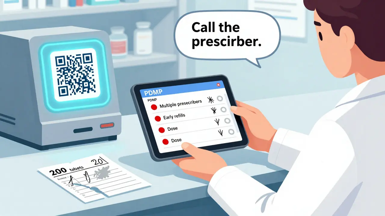 Pharmacist holding a prescription with mismatched quantity and smudged directions, PDMP dashboard showing red flags on tablet screen.