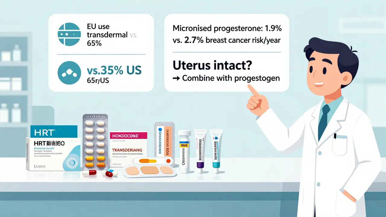 Pharmacy display of generic HRT options with flowchart guiding therapy choice based on uterus status and delivery method.