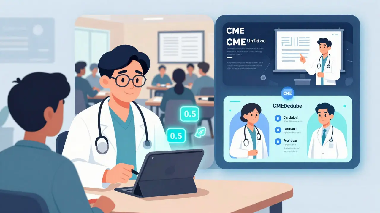 Physician using UpToDate during patient visit with floating CME credits and personalized learning panels.