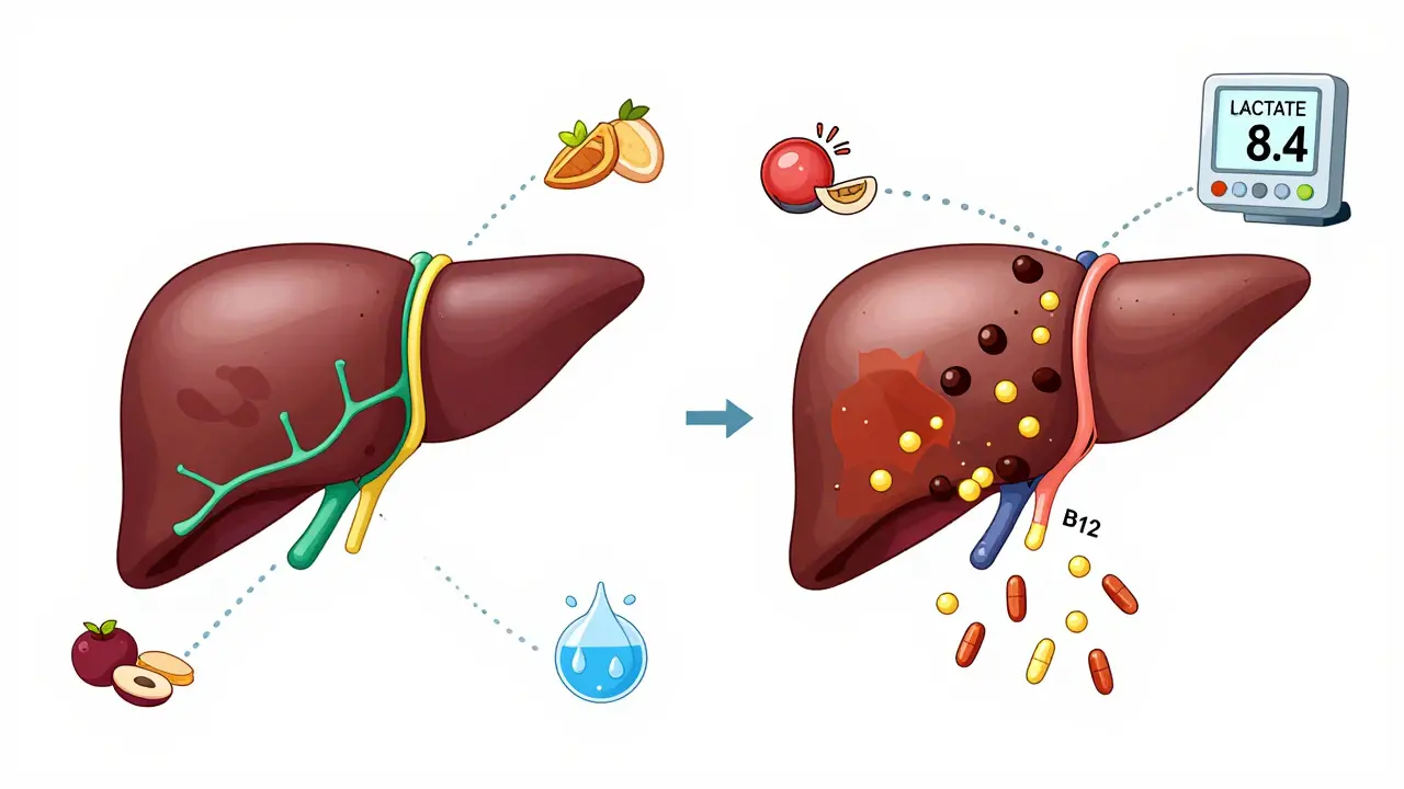 Side-by-side comparison of healthy vs. compromised liver function in metformin users who consume alcohol.