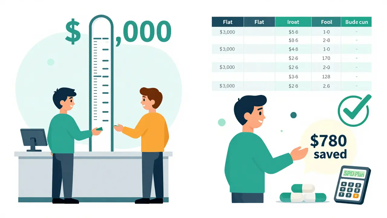Side-by-side comparison of high-deductible vs. SPD plan pharmacy costs, with savings calculator and generic pills clearly labeled.