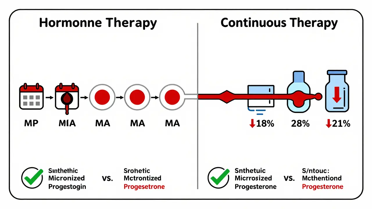 Side-by-side comparison of sequential and continuous hormone therapy regimens with cancer risk reduction icons and progestogen type labels.