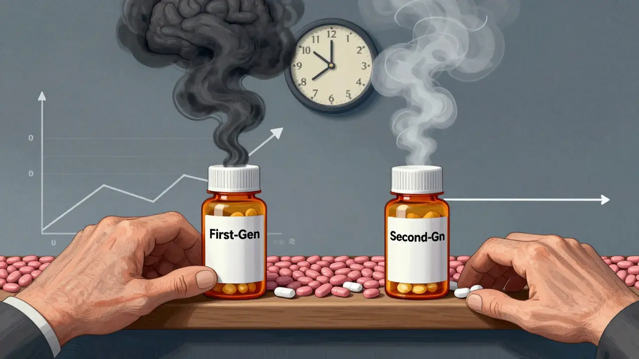 Side-by-side comparison of two antihistamine pills with contrasting effects on the blood-brain barrier.