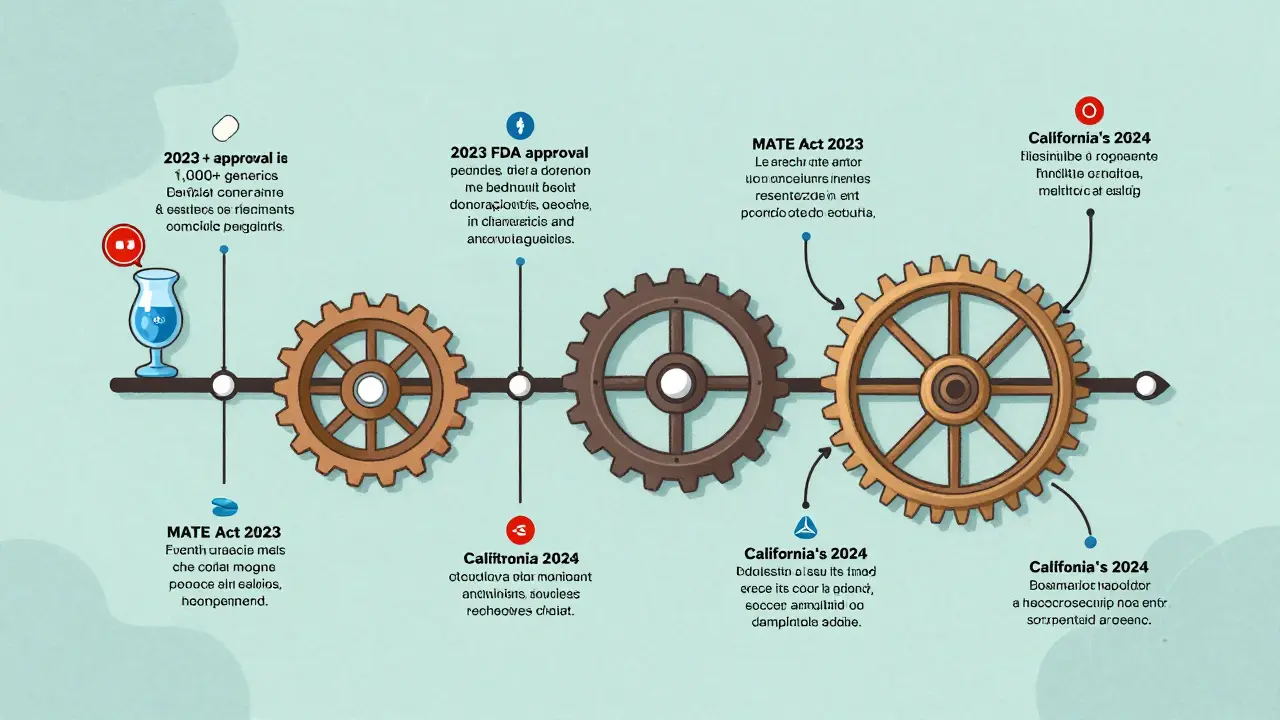 Timeline of U.S. generic drug regulations with gears showing FDA approvals, MATE Act, and biosimilars requirements.