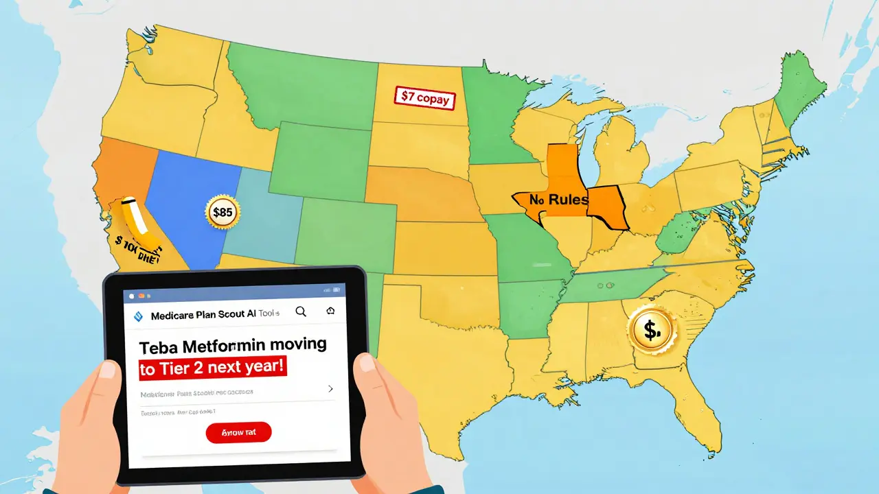 US map showing state-by-state generic drug coverage rules, with AI tool alerting about upcoming formulary change.