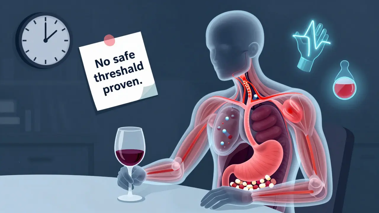 X-ray view of a person drinking wine while metformin and alcohol trigger lactic acid buildup in the body.