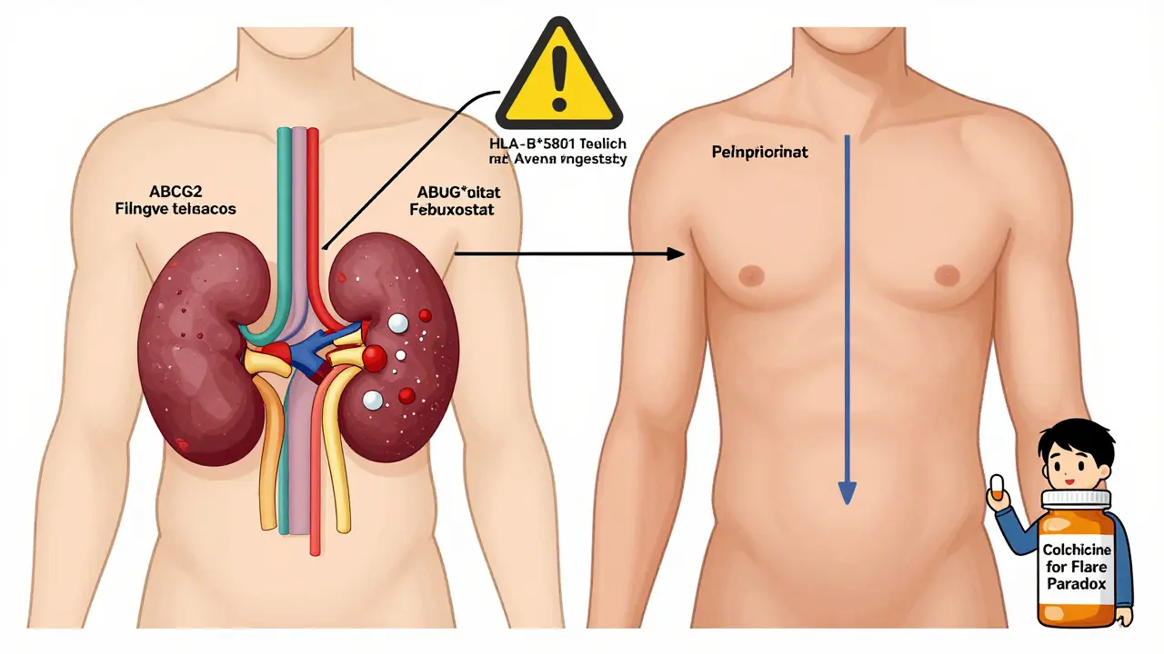 Body diagram showing uric acid pathways, kidney differences, and genetic risk markers for gout medications.