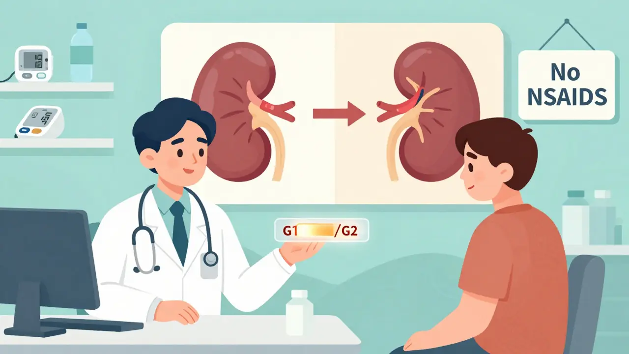 Clinic scene with genetic test result showing APOL1 risk variants, paired with lifestyle factors that influence kidney health.