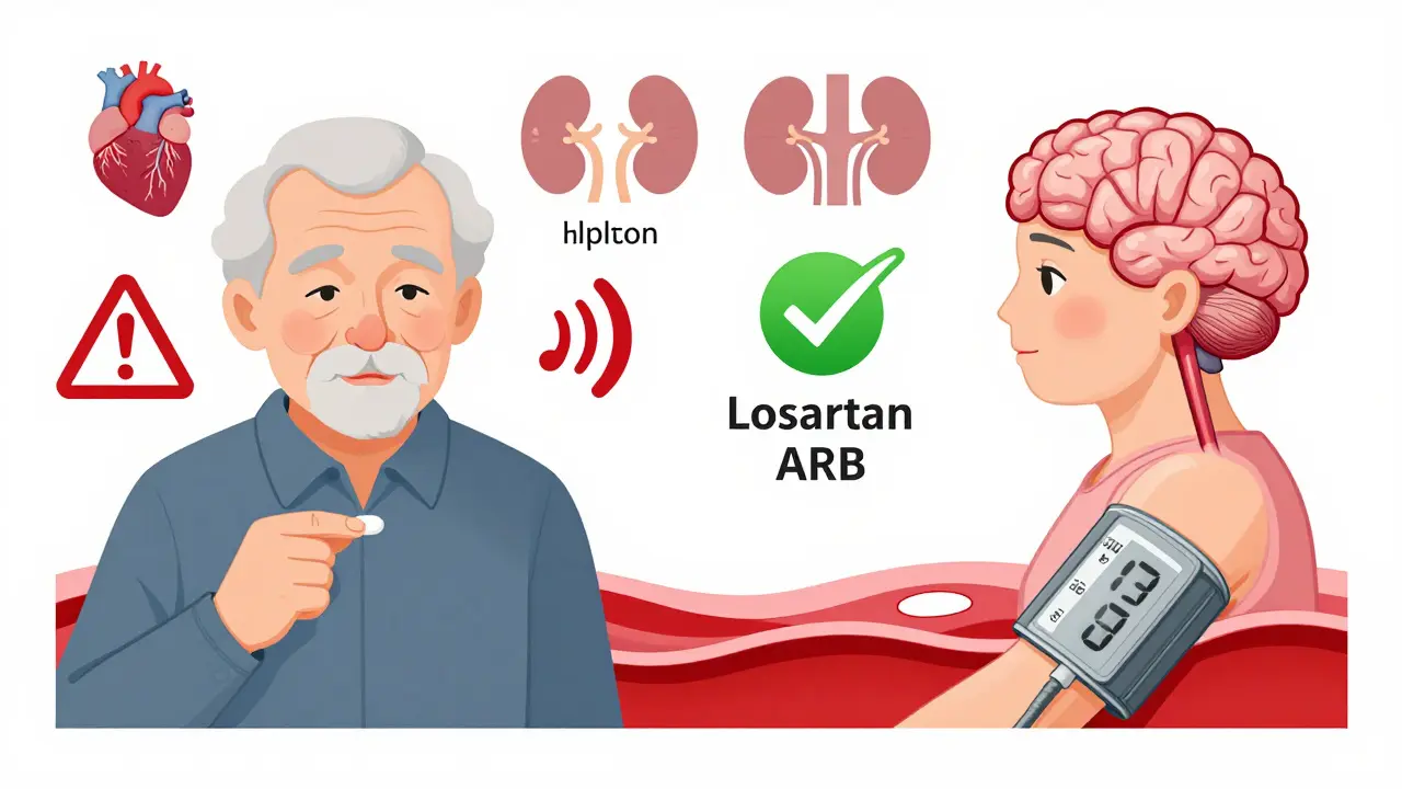 Comparison of two seniors: one at risk from unsafe blood pressure med, another safe with ARB medication.