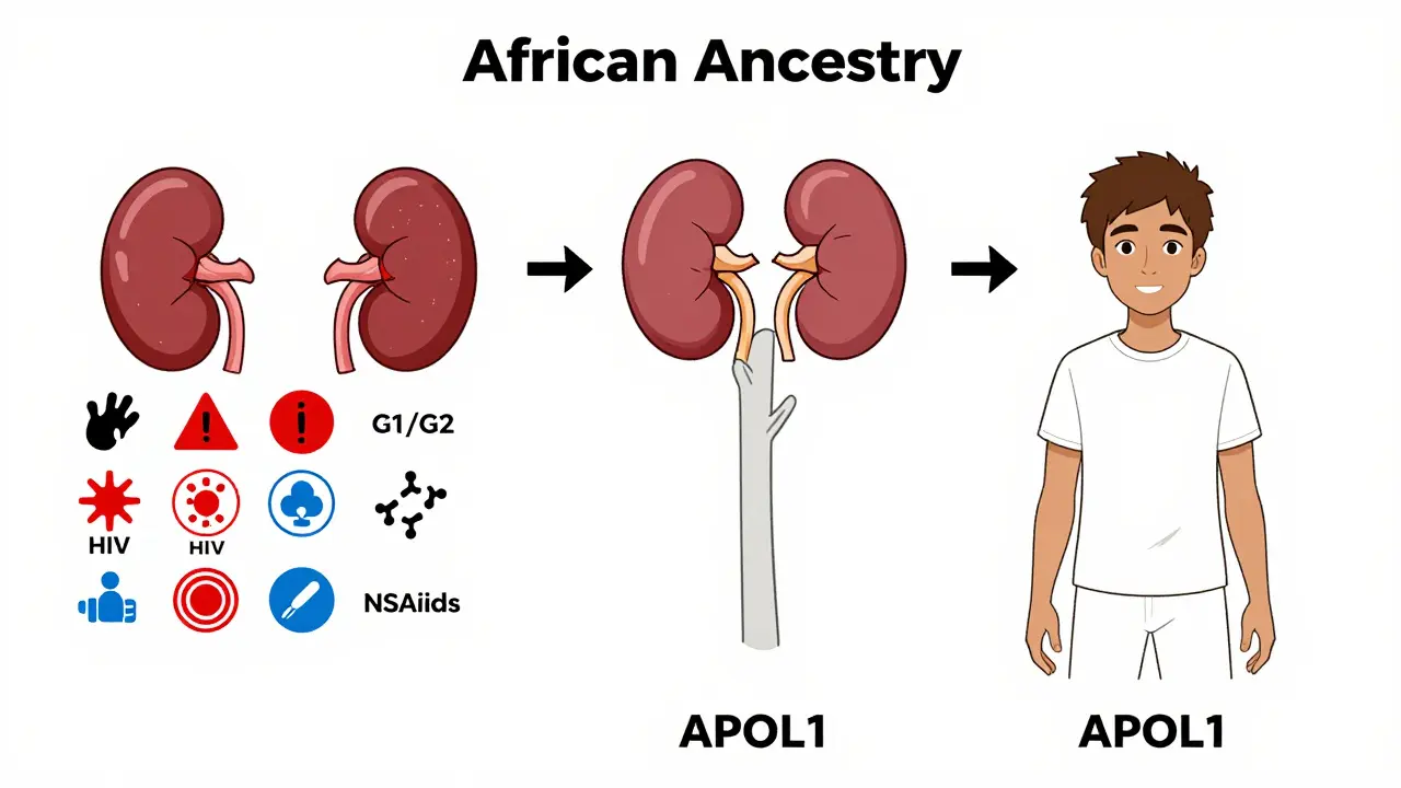 Family tree illustrating inheritance of APOL1 risk variants in African ancestry populations with environmental triggers marked as warning symbols.