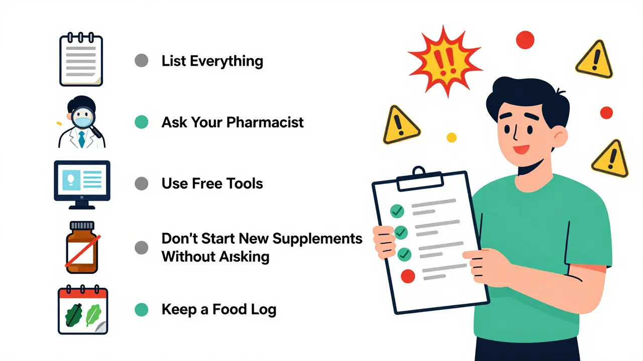 Five-step checklist for preventing drug interactions, illustrated with icons and a patient holding the list safely.