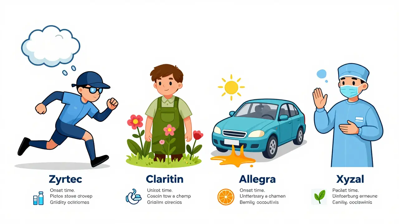 Four antihistamine pills illustrated as characters with symbols for speed, diet warnings, and drowsiness risk.