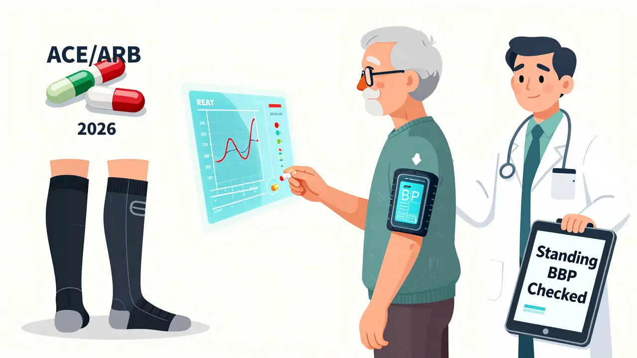 Future smart sleeve device that releases medication only when standing to prevent orthostatic hypotension.