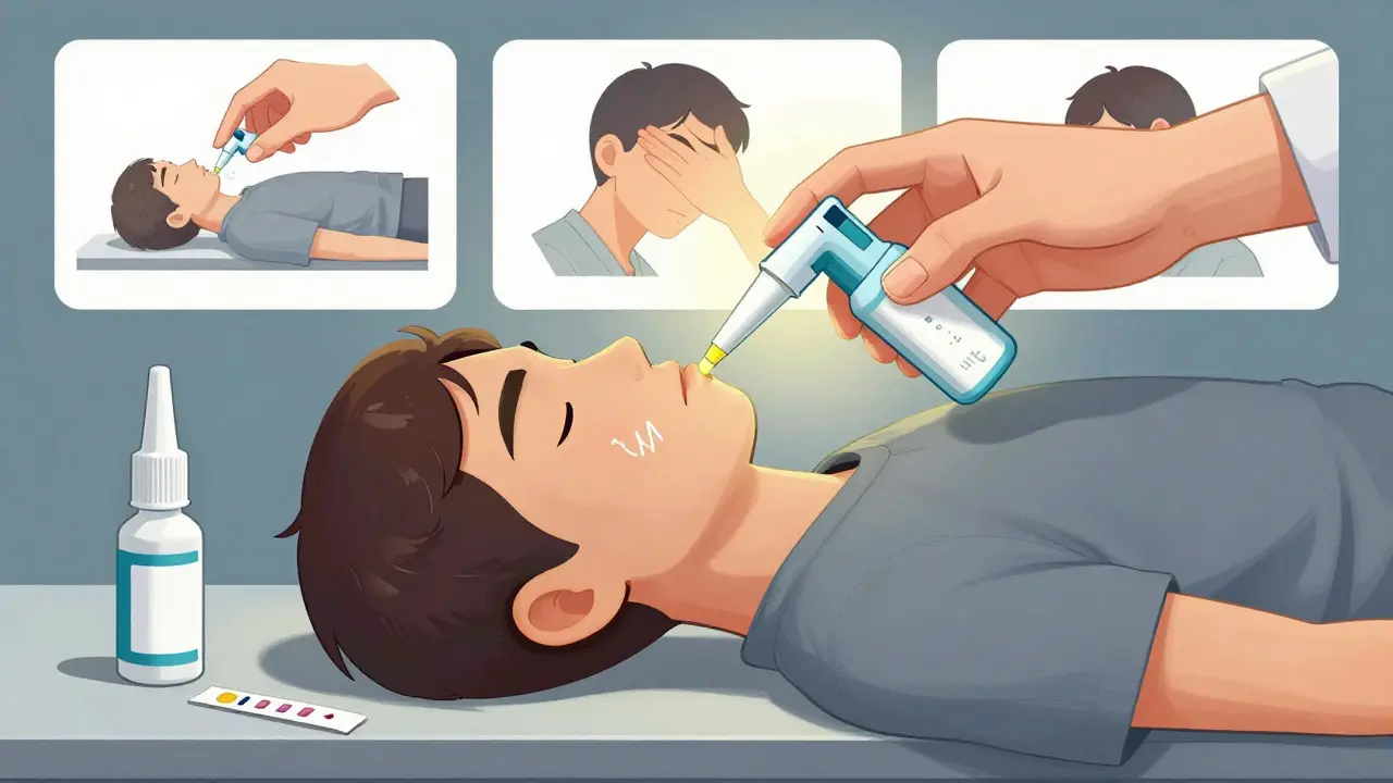 Hand administering naloxone nasal spray to someone in recovery position with step-by-step visual guidance.