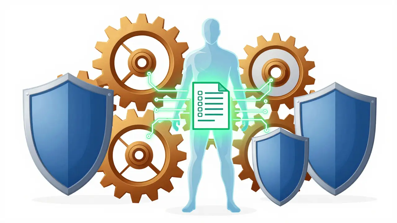 Mechanical gears and shields protecting human figure from drug risks