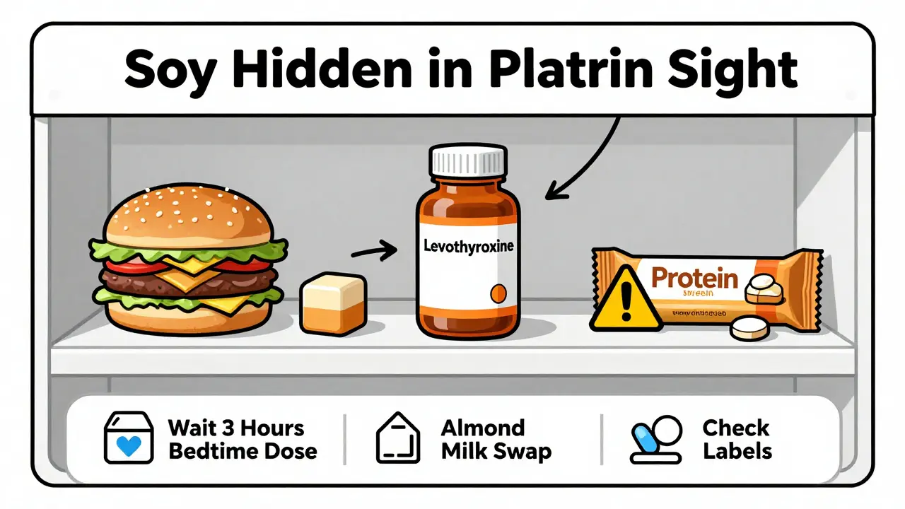 Pantry shelf revealing hidden soy in common foods near thyroid medication with warning icons.