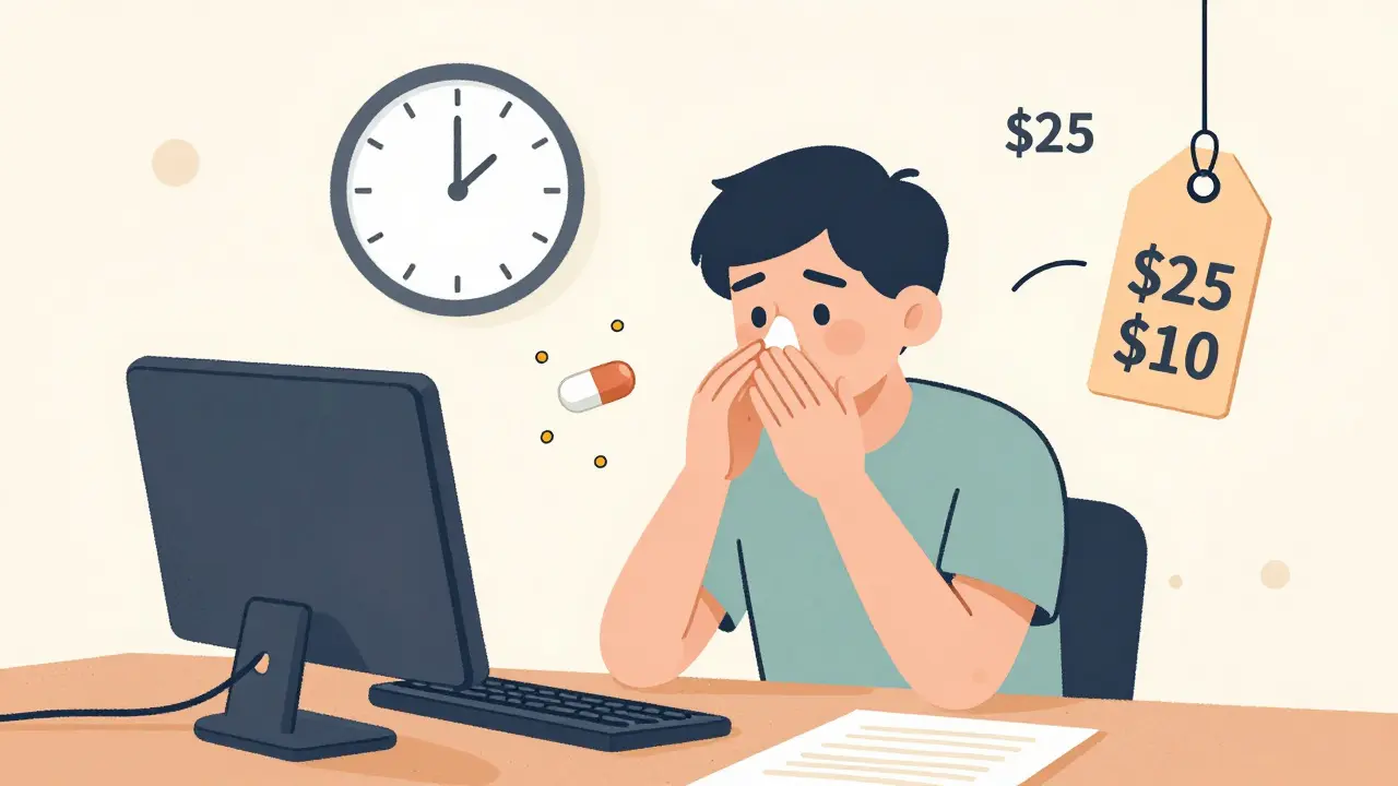 Person working at desk with generic antihistamine tablet reducing allergy symptoms and price tag showing cost savings.
