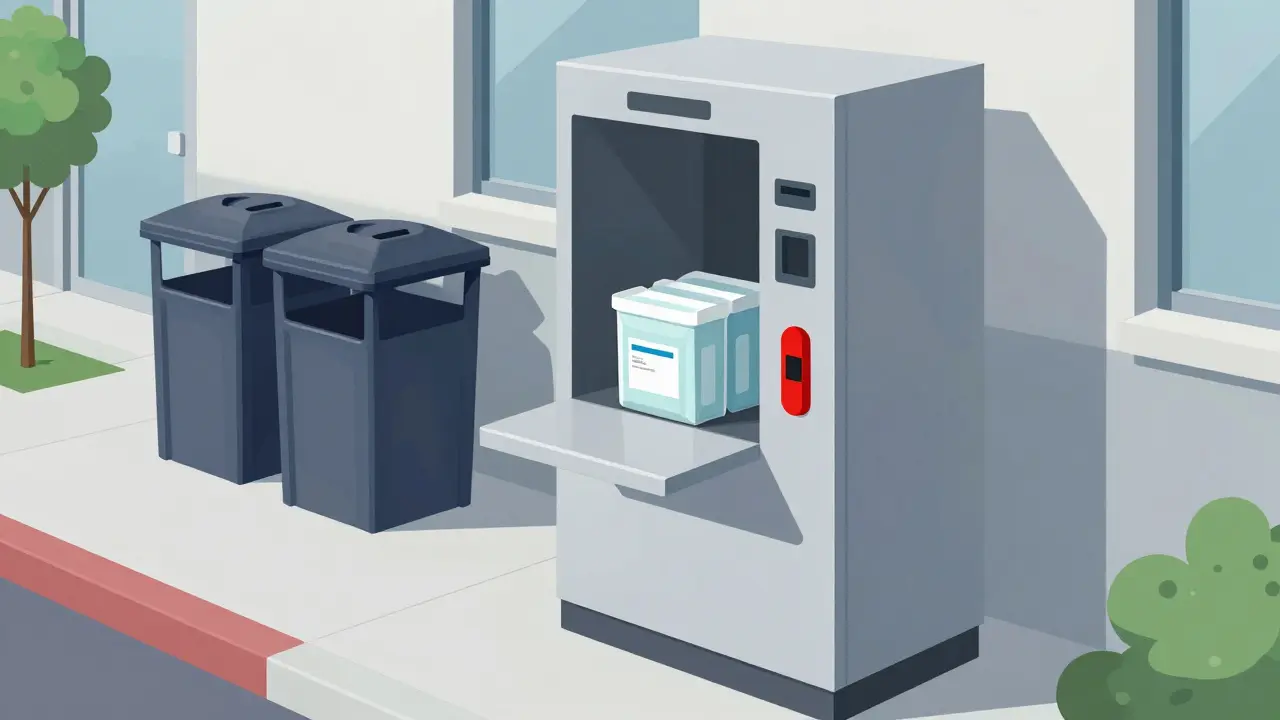 Sealed waste bag inserted into a secure medication collection kiosk