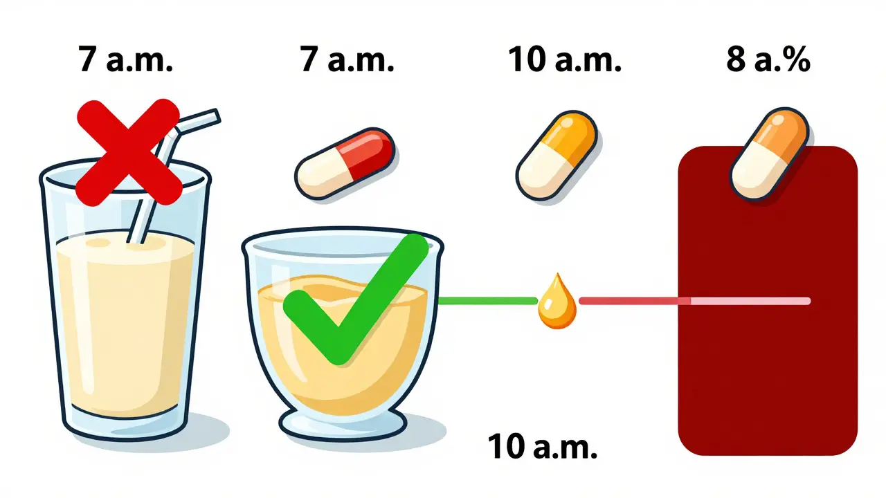 Side-by-side comparison of medication timing with soy, calcium, and iron interference levels.