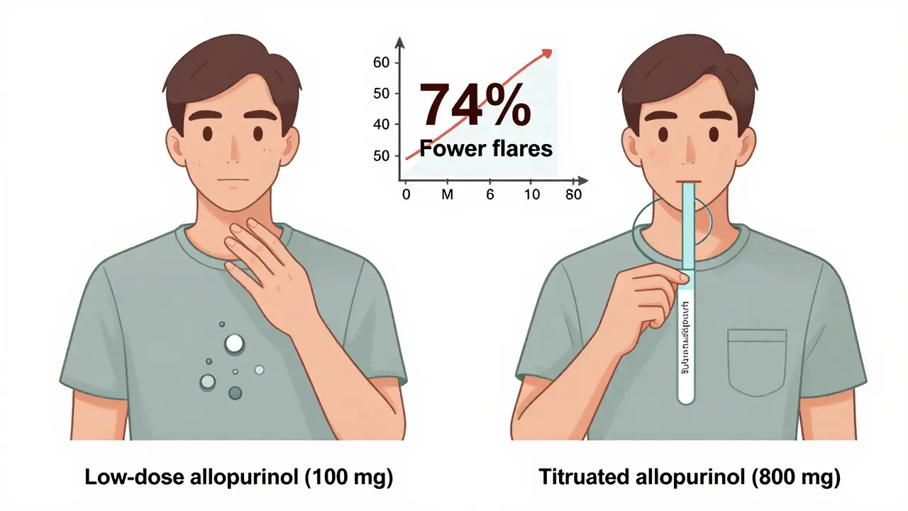 Two patients: one with ongoing gout flares on low allopurinol, another with shrinking tophi on high-dose treatment.