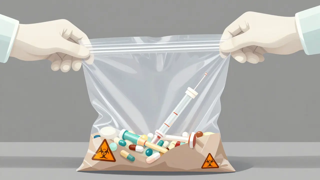 Two plastic bags nested together containing medical waste materials