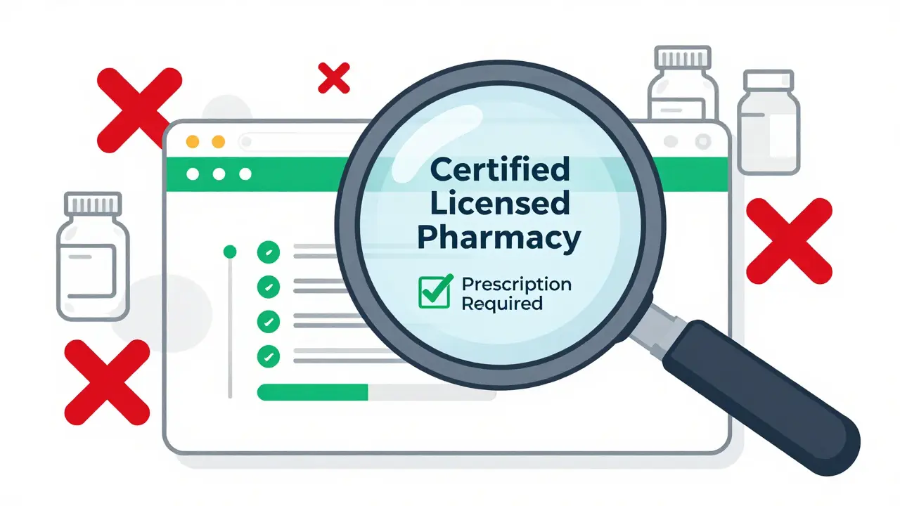 A magnifying glass verifying the licensing and prescription requirements of an online pharmacy.