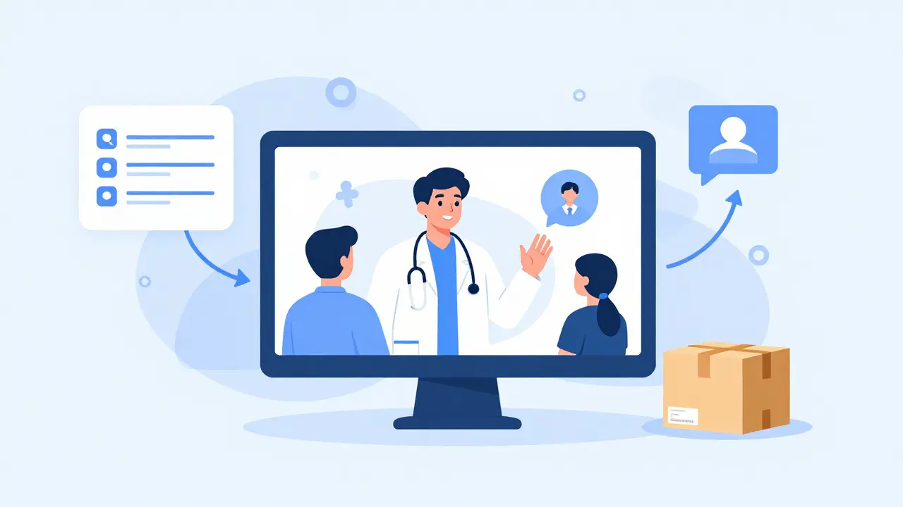 Diagram of the telehealth process from medical consultation to home delivery of medication.
