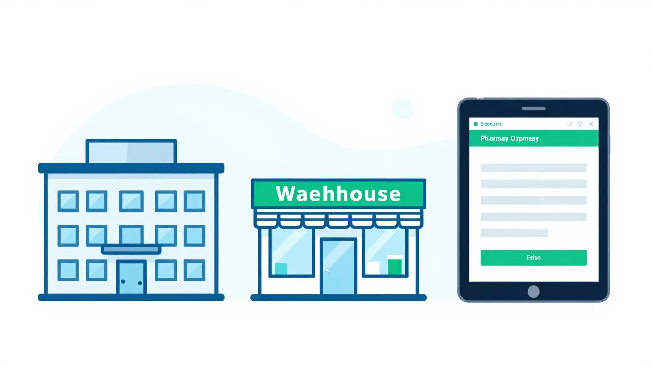 Icons representing warehouse, retail, and online pharmacy options for buying medicine.
