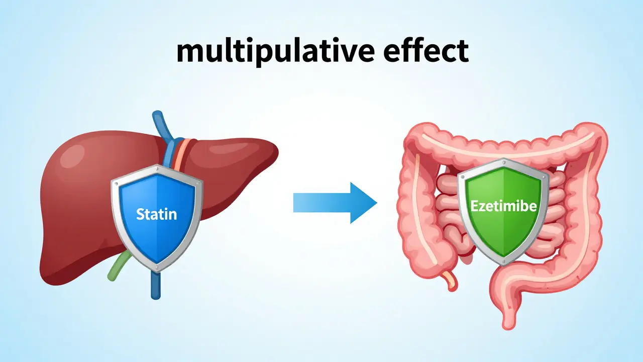 Illustration of a statin blocking liver production and ezetimibe blocking intestinal cholesterol absorption.