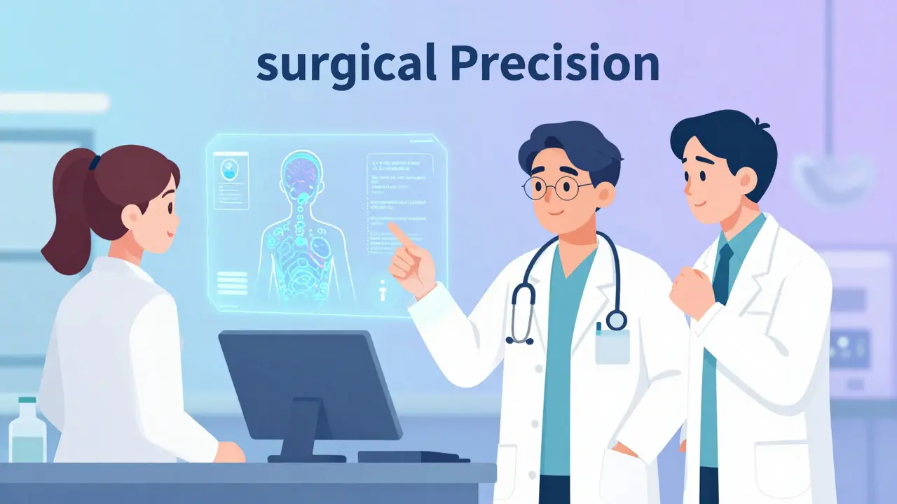 Illustration of doctors using AI and personalized data to prescribe precision-targeted antibiotics.