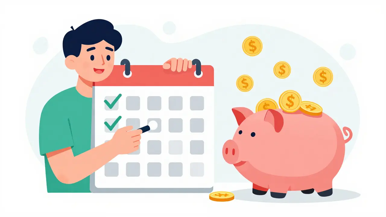 Person successfully following a medication schedule with a full piggy bank reflecting savings.